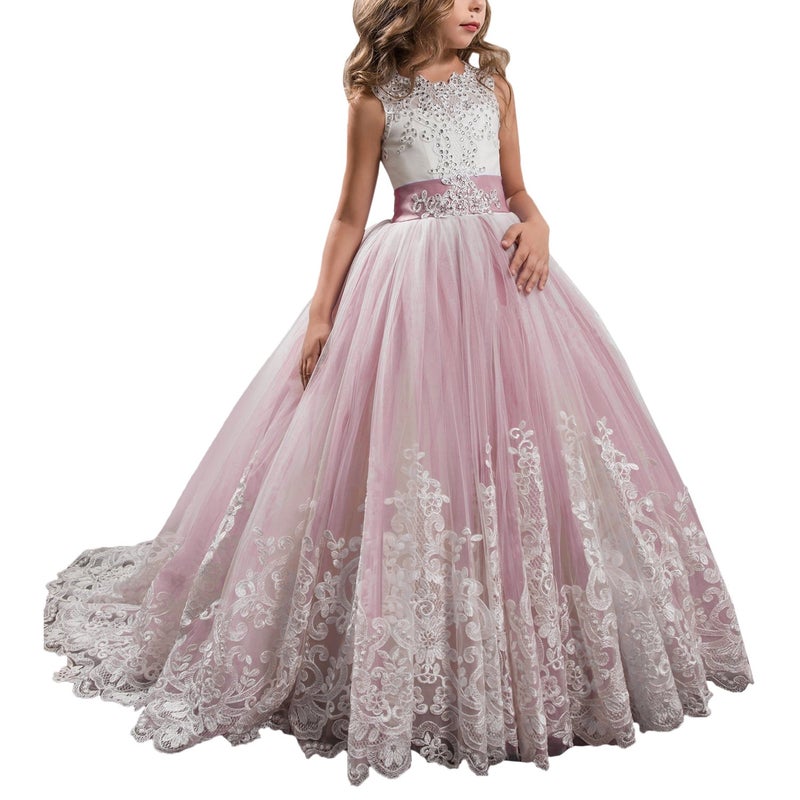 WDE Princess Blush Pink Long Girls Pageant Dresses Kids Prom Puffy Tulle Ball Gown US 6 - Image 1